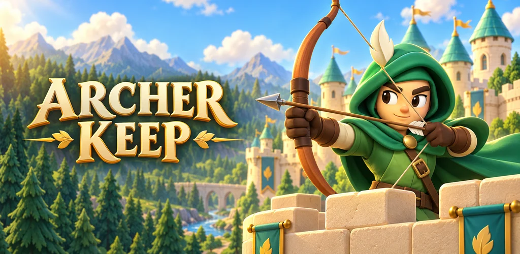 Archer Keep artwork: a green-hooded archer defending a sunlit castle